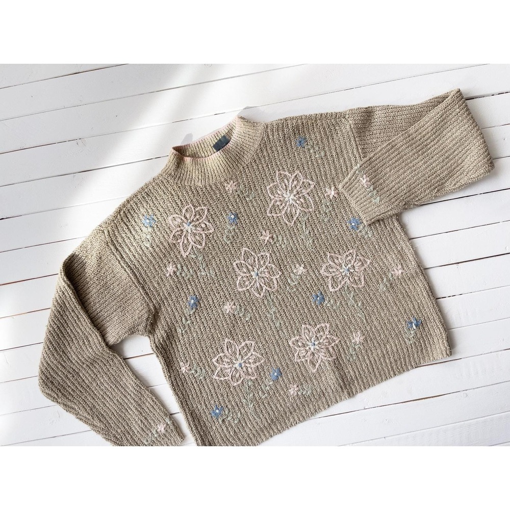 Embroidered Beige Floral Knit Sweater - Women's